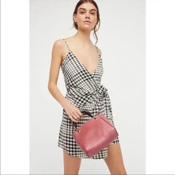 Free People Nodia Wrap Mini Dress Gingham Printed Black Sleeveless XS-2 256224 - Picture 1 of 8
